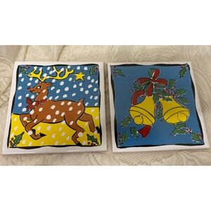 Reindeer‎ And Bells Christmas Tile Trivet Hot Pads Cork Back Portugal Lot Of 2